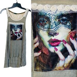 Bowie Vintage High Low Lace Rosettes Portrait Detail Tank Top Sz L